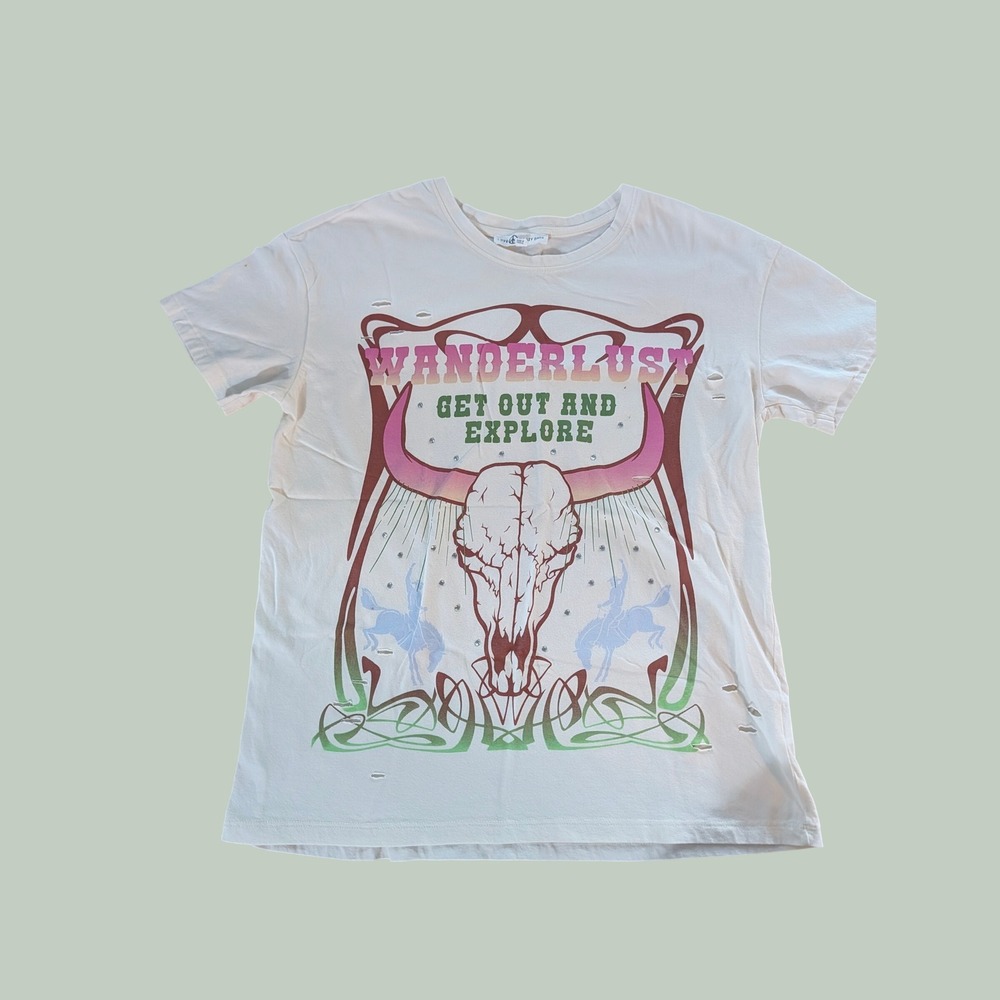 Love & Lazy Days Wanderlust Graphic Tee Distressed Western Steer Skull Cream S